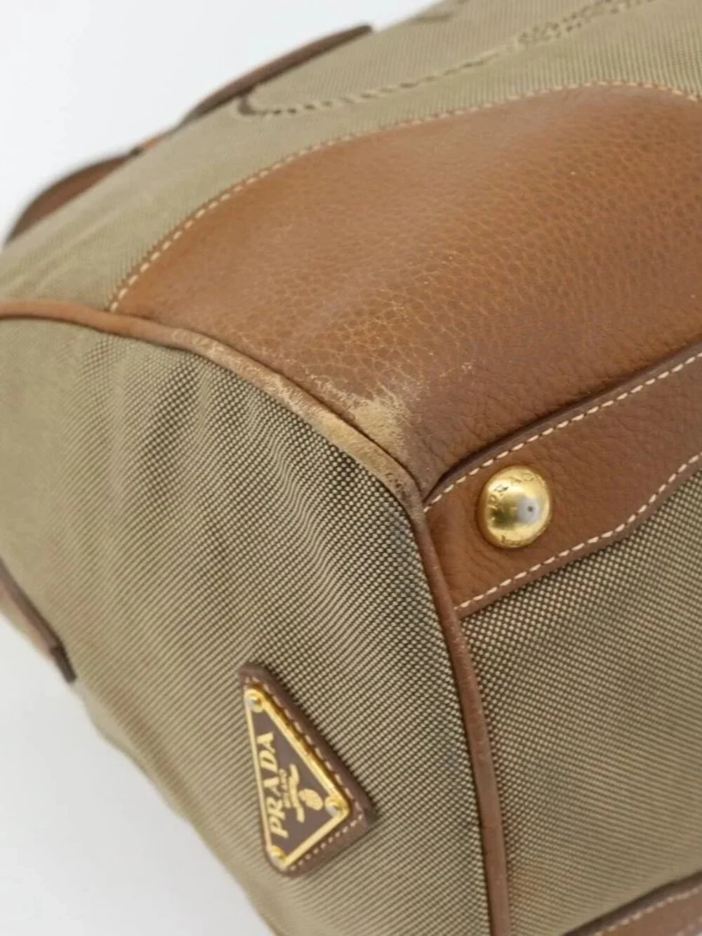 PRADA Hand Bag Canvas Leather Brown Gold Auth